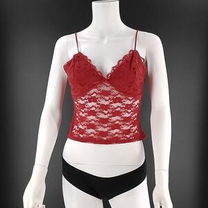 Faded‎ Rose Red Floral Lace Camisole Sheer V-Neck Adjustable Straps Top Medium